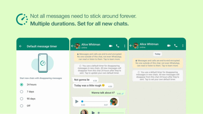 whatsapp permet aux utilisateurs d'activer la fonctionnalité éphémère par défaut 