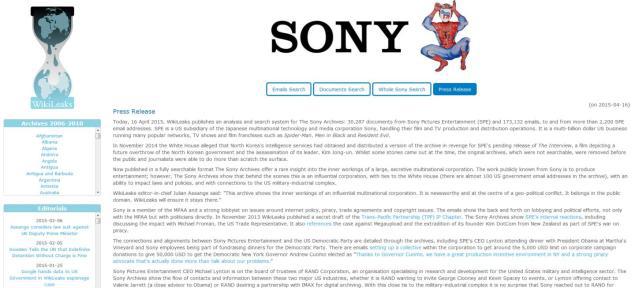 Wikileaks publie les documents volés à Sony Pictures en fin 2014 par des hackers