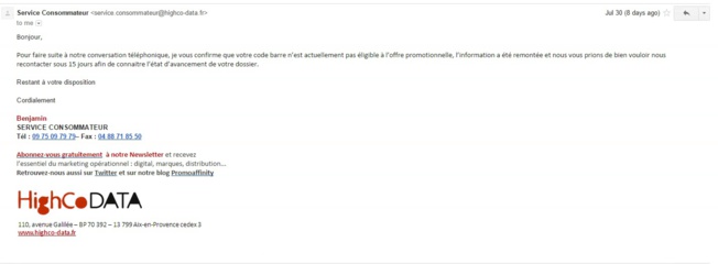 Et la réponse sybilline par mail du service consommateur