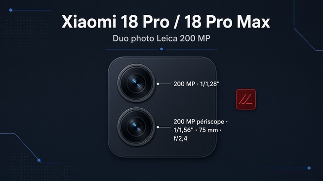 Module photo Leica des Xiaomi 18 Pro / 18 Pro Max : duo de capteurs 200 MP (principal 1/1,28″ + périscope 1/1,56″)