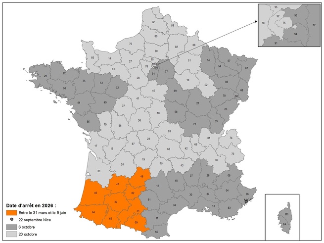 Calendrier d’arrêt de la 2G d’Orange en métropole : en orange, les départements coupés entre le 31 mars et le 9 juin ; en gris foncé, le 6 octobre ; en gris clair, le 20 octobre. Carte : Orange