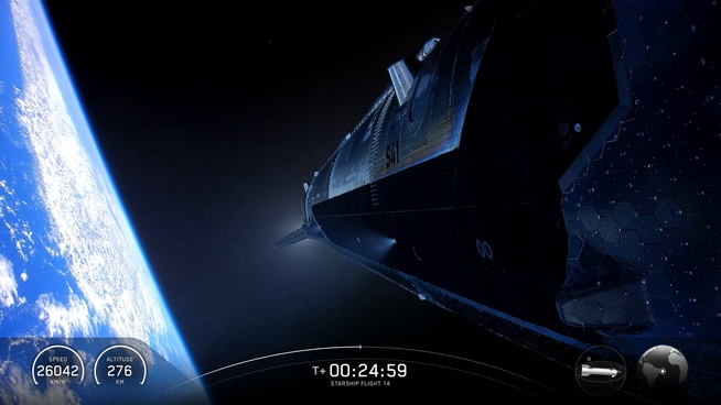 Le Ship 41 au-dessus de la Terre, à 276 km d’altitude, quelques secondes avant l’allumage qui l’a placé en orbite lors du Flight 14, le 28 septembre 2026. Image : SpaceX