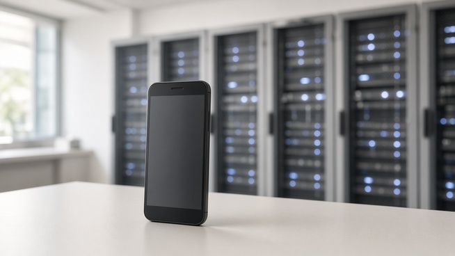 Illustration. Un smartphone devant une salle de serveurs.