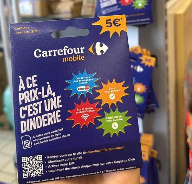 Pochette SIM Carrefour Mobile, 5 euros TTC, réseau Orange, sans engagement. Crédit : Carrefour