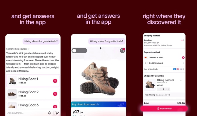 Shopping Assistant puis Buy Direct, de la question au paiement : extraits de la vidéo de démonstration publiée par TikTok le 5 octobre 2026. © TikTok