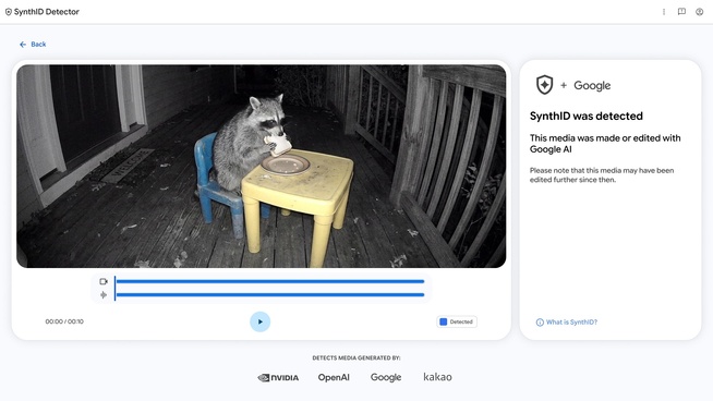 L’interface de SynthID Detector sur synthid.com : une vidéo générée par IA, dont le filigrane SynthID a été détecté sur l’image et sur le son. © Google