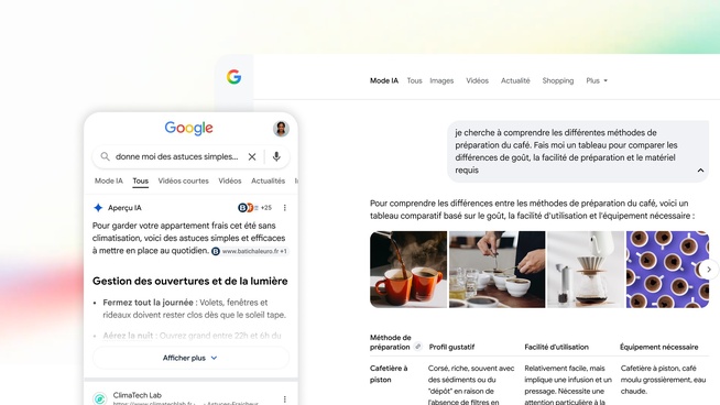 L’Aperçu IA s’affiche en tête des résultats de recherche Google sur smartphone (à gauche), avant les liens vers les sites, ici à côté du Mode IA sur ordinateur. © Google