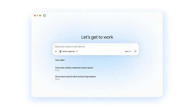 L’écran d’accueil du Gemini agent, où l’utilisateur décrit une tâche à confier et suit les travaux terminés. © Google