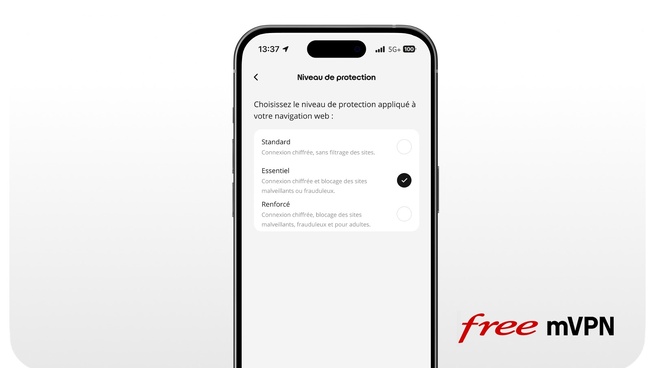 L’écran de choix du niveau de protection de Free mVPN dans l’application Free. © Free