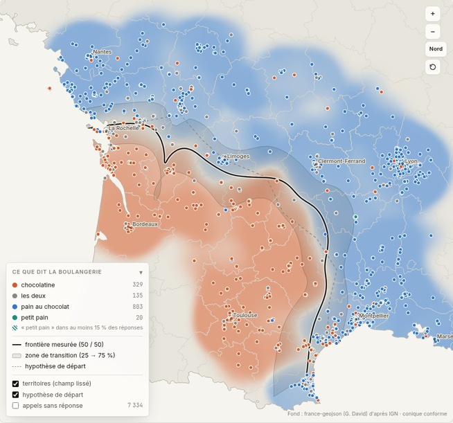 La frontière entre pain au chocolat (en bleu) et chocolatine (en orange) selon le Ligne Chocolatine Index. © Le Baguette Index