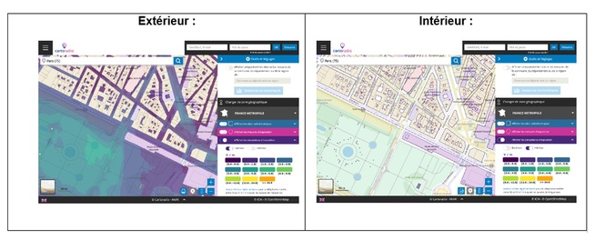 Les cartes de simulation de Cartoradio en extérieur, à gauche, et en intérieur, à droite, à Paris. © ANFR
