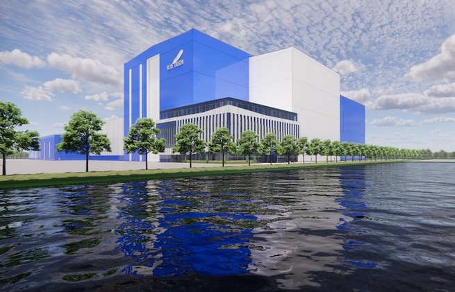 Vue d’artiste de l’extension de Rocket Park, en Floride, où Blue Origin veut produire jusqu’à 150 étages supérieurs de New Glenn par an à partir de l’été 2027. Crédit : Blue Origin