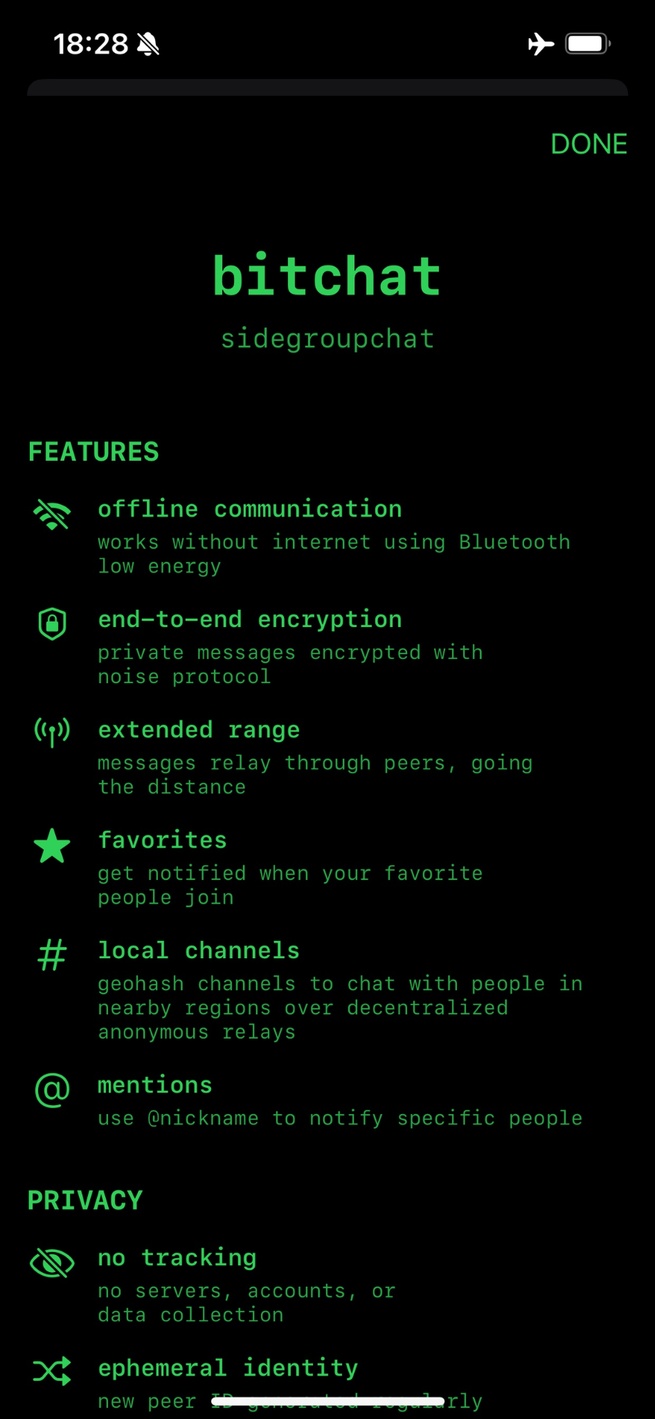 L’écran de présentation de Bitchat, qui fonctionne en Bluetooth sans Internet ni compte. © permissionless tech / App Store