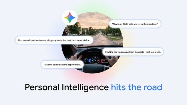Personal Intelligence relie Gemini à Gmail, Photos et d’autres services Google, ici sur Android Auto. © Google