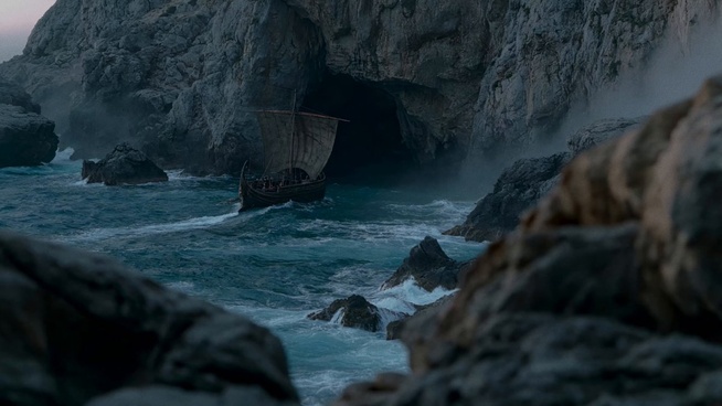 Un navire face aux falaises, image d’ouverture du premier épisode de l’Odyssée générée par Grok Imagine. © Grok Imagine / xAI