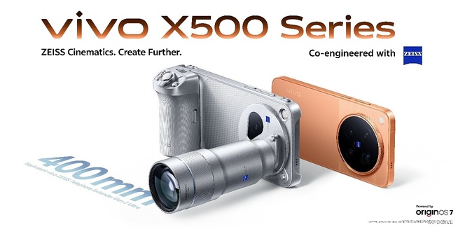 Le vivo X500 Pro Max avec sa poignée photo et le téléconvertisseur ZEISS équivalent 400 mm. © vivo Le vivo X500 Pro Max avec sa poignée photo et le téléconvertisseur ZEISS équivalent 400 mm. © vivo
