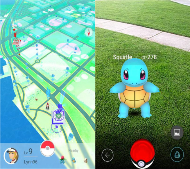 L'écran d'accueil du jeu affiche une carte de la ville (gauche) et utilise la caméra du téléphone pour afficher des Pokémons (droite).