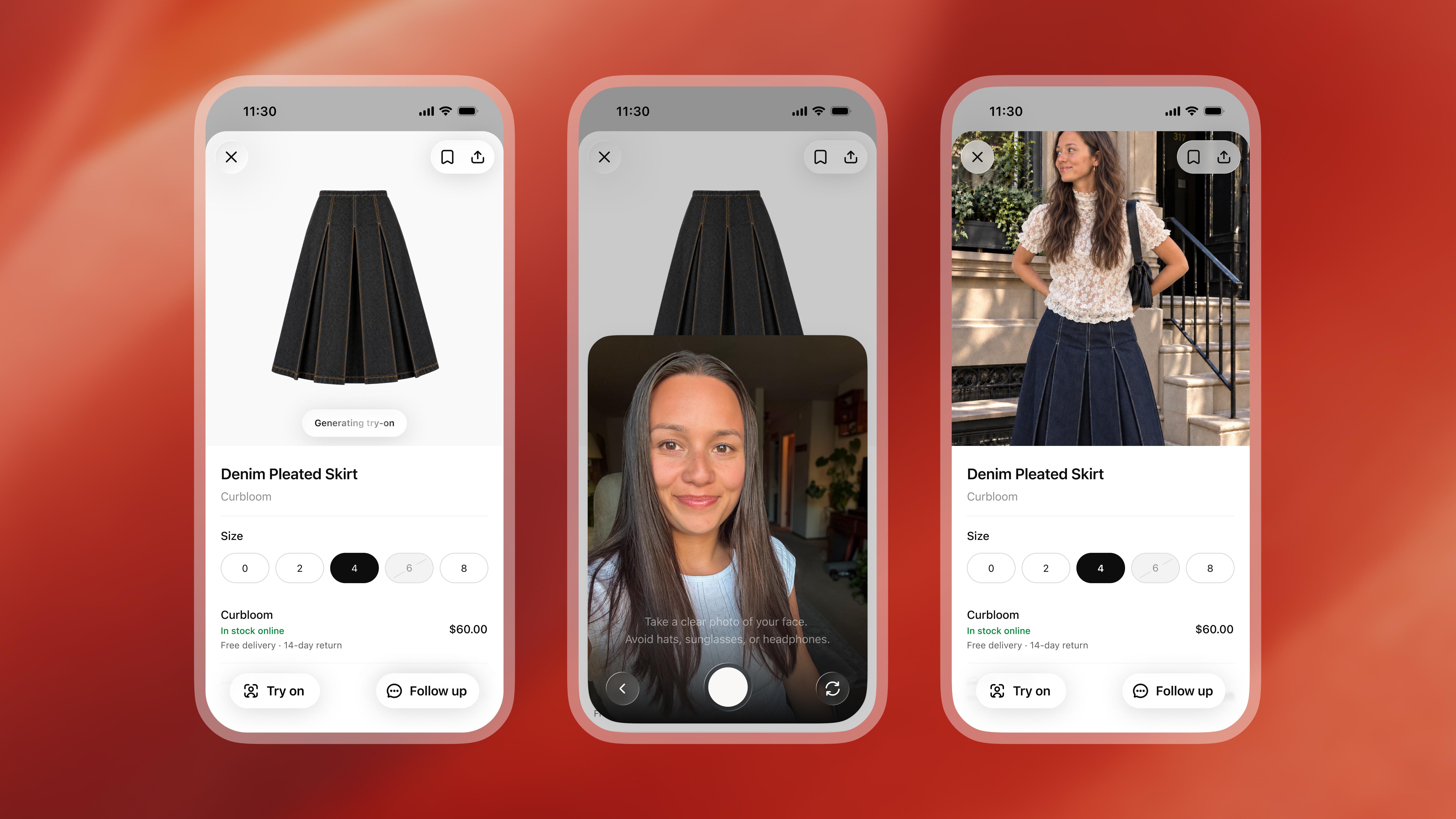 Essayage virtuel dans ChatGPT : fiche, selfie, puis rendu. Crédit : OpenAI
