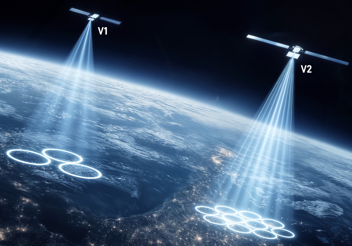Starlink compare la couverture de ses satellites de première génération (V1) à celle de la future génération V2, qui doit multiplier les faisceaux. © Starlink