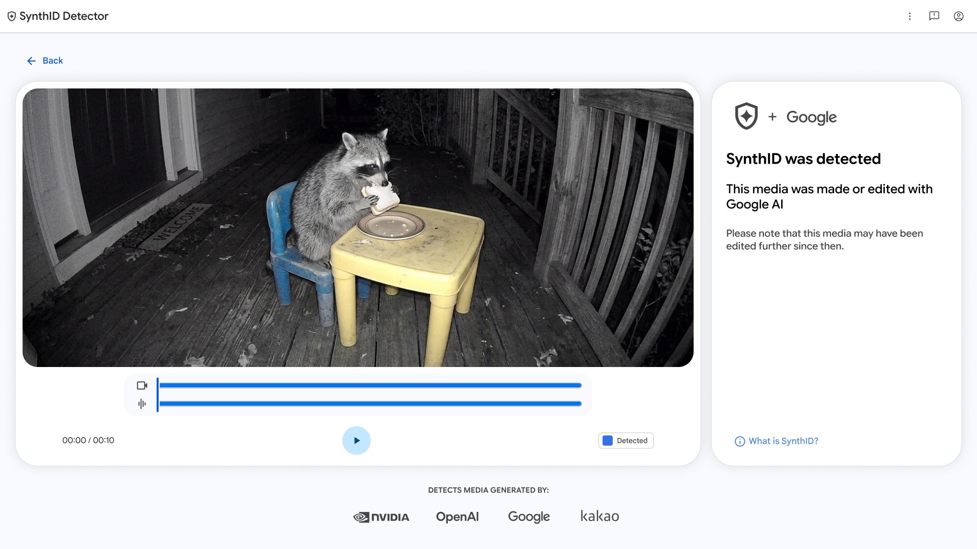 L’interface de SynthID Detector sur synthid.com : une vidéo générée par IA, dont le filigrane SynthID a été détecté sur l’image et sur le son. © Google