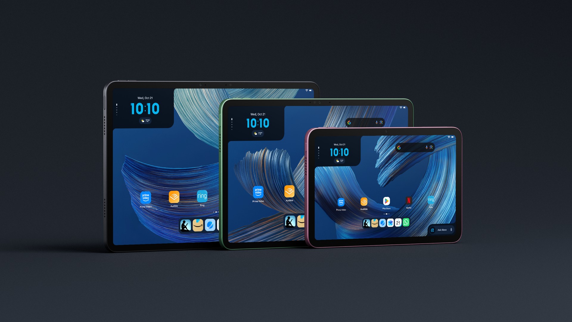 Les trois nouvelles tablettes d’Amazon, de gauche à droite : Alexa Tablet 12 Pro, Alexa Tablet 11 et Alexa Tablet 8. © Amazon