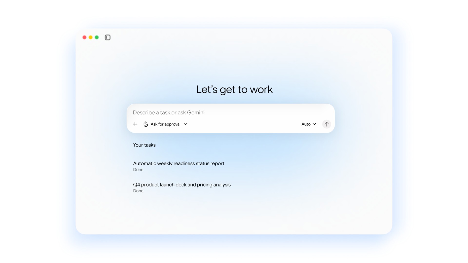 L’écran d’accueil du Gemini agent, où l’utilisateur décrit une tâche à confier et suit les travaux terminés. © Google