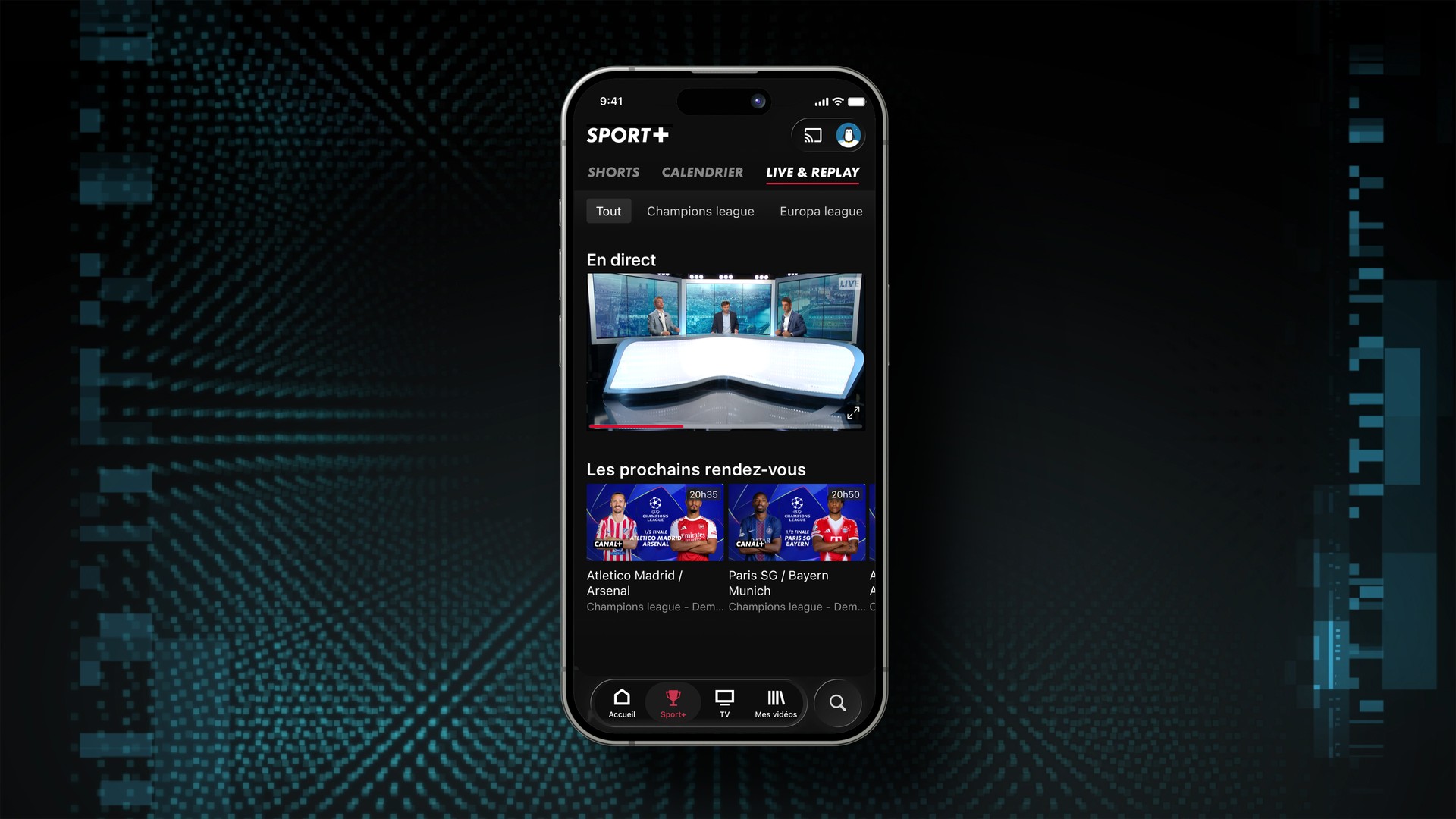 L’onglet Live & Replay de Sport+ dans l’App Canal+ sur smartphone. © Canal+