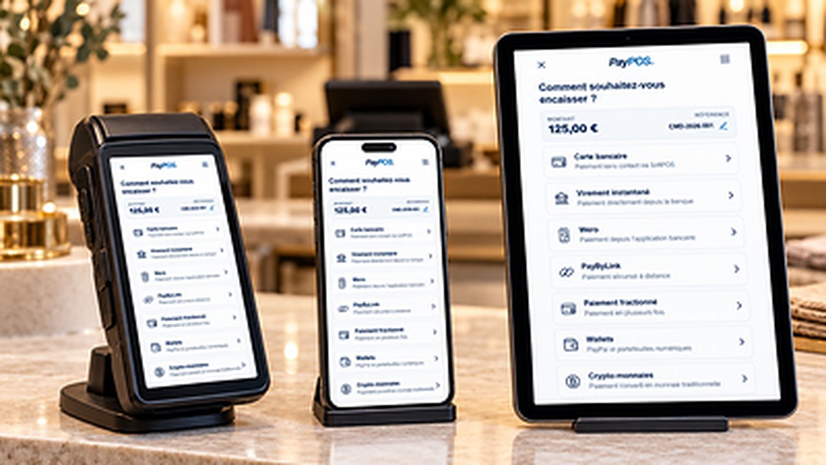Un terminal de paiement, un smartphone et une tablette affichant l’interface d’encaissement de PayPOS, qui propose carte, virement instantané, Wero, lien de paiement et portefeuilles.