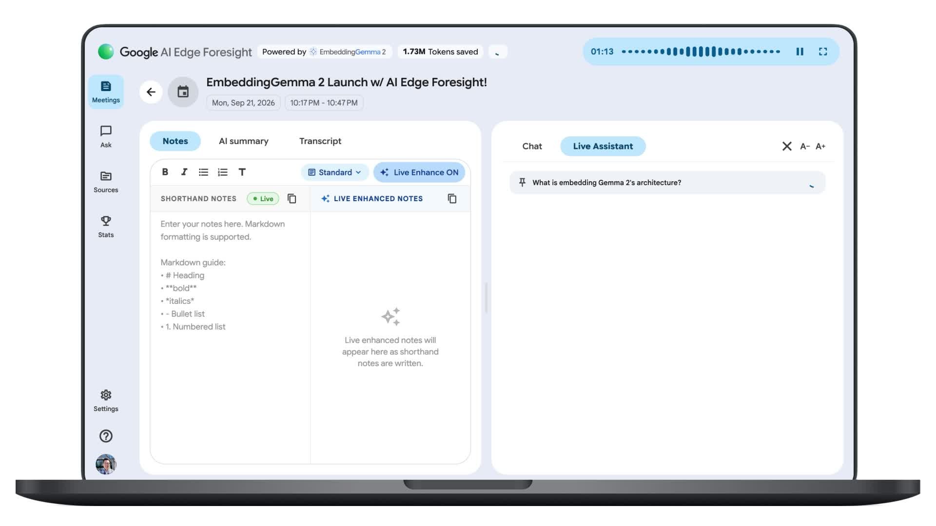 L’interface de Google AI Edge Foresight sur Mac, avec les notes abrégées et l’assistant en direct. © Google