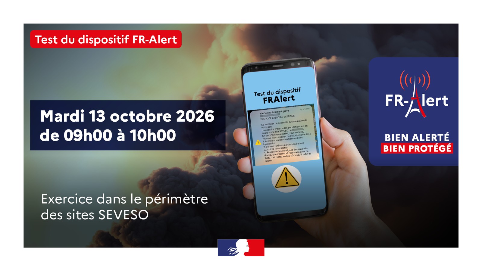 Visuel d’information de la préfecture de Seine-et-Marne pour le test FR-Alert du 13 octobre 2026 autour des sites Seveso. © Préfecture de Seine-et-Marne
