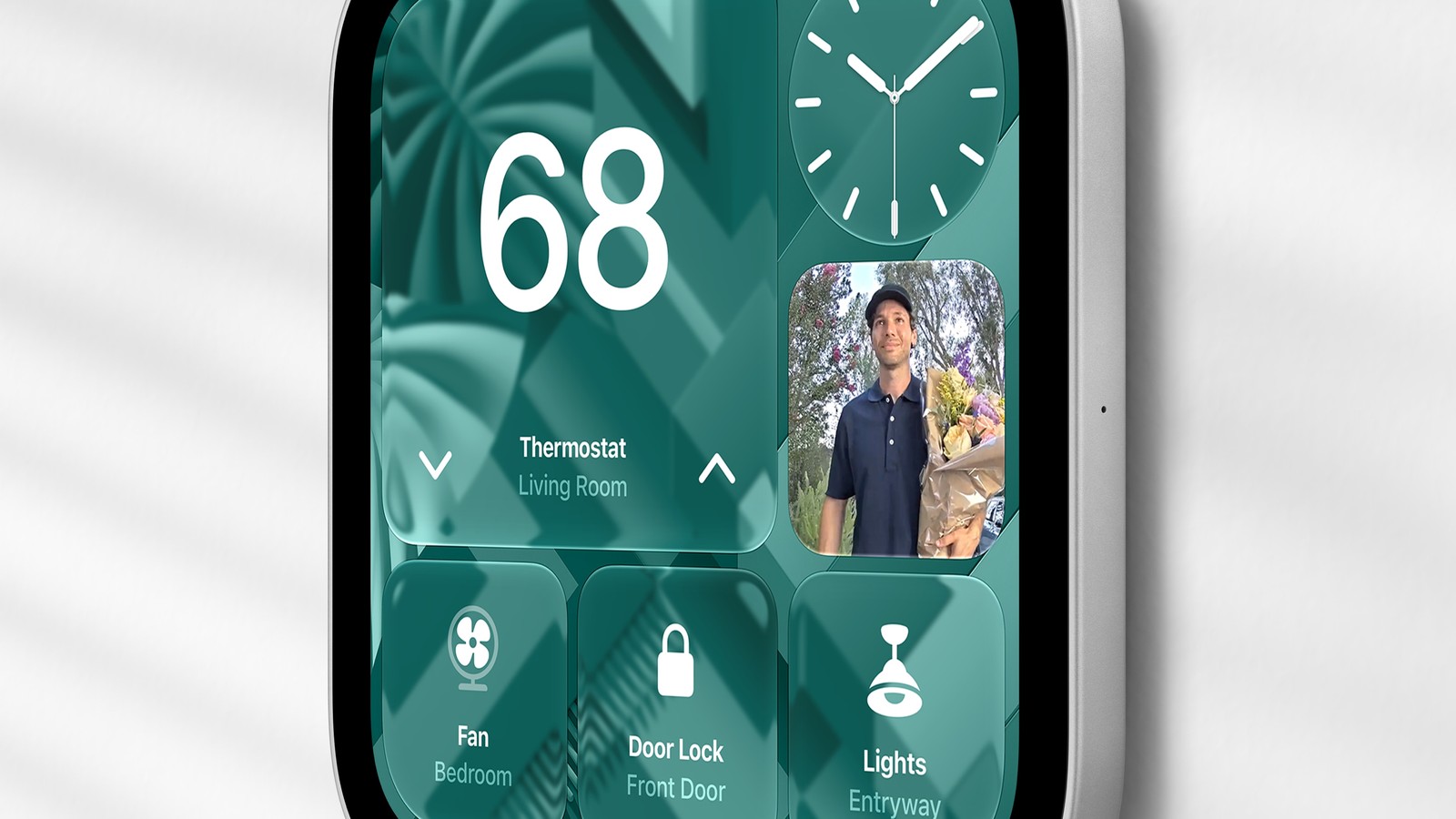 Le modèle mural du HomeView, ici avec les commandes de l’app Maison. © Apple