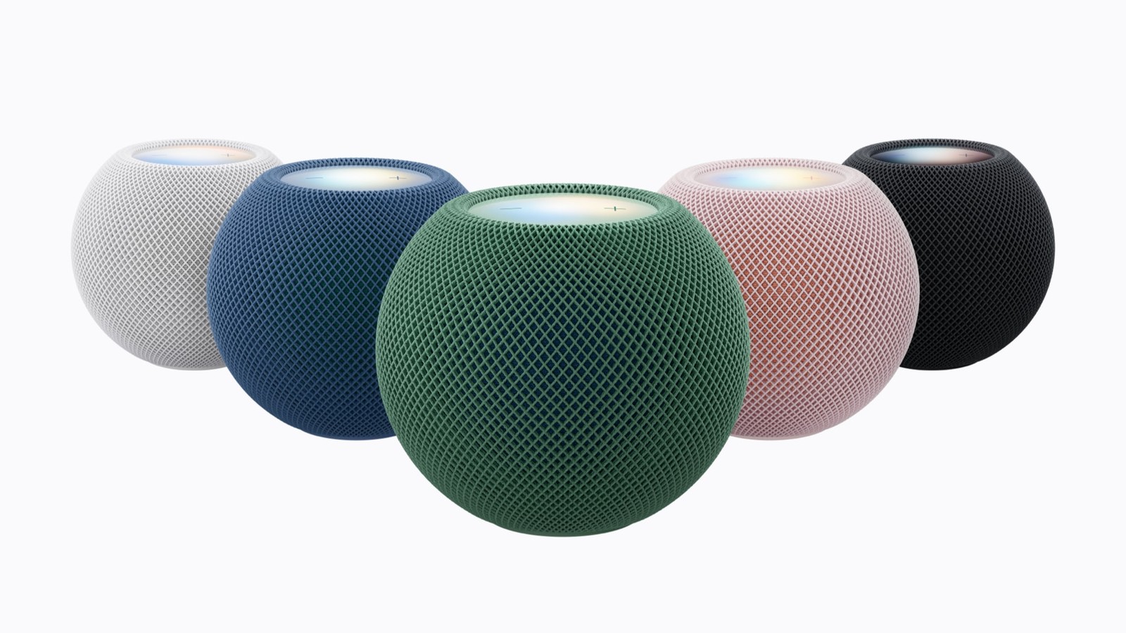 Le HomePod mini 2 dans ses cinq coloris : blanc, bleu, vert, rose et minuit. © Apple