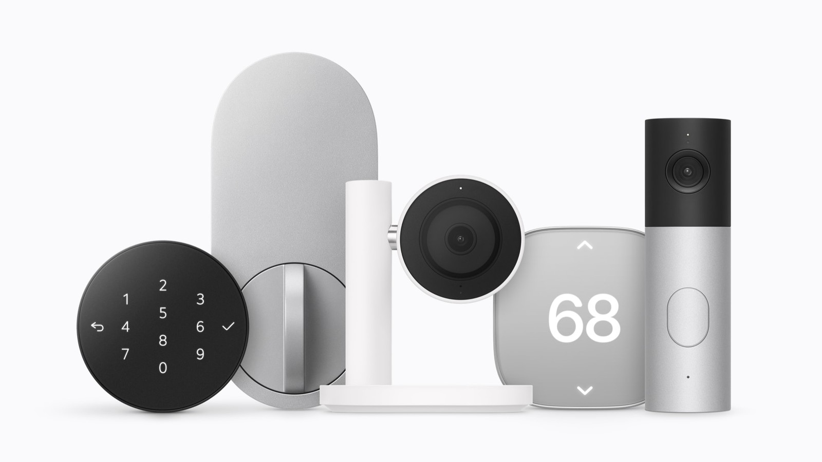 La gamme Apple Home Collection : serrure, caméras, sonnette, capteur et thermostats. © Apple