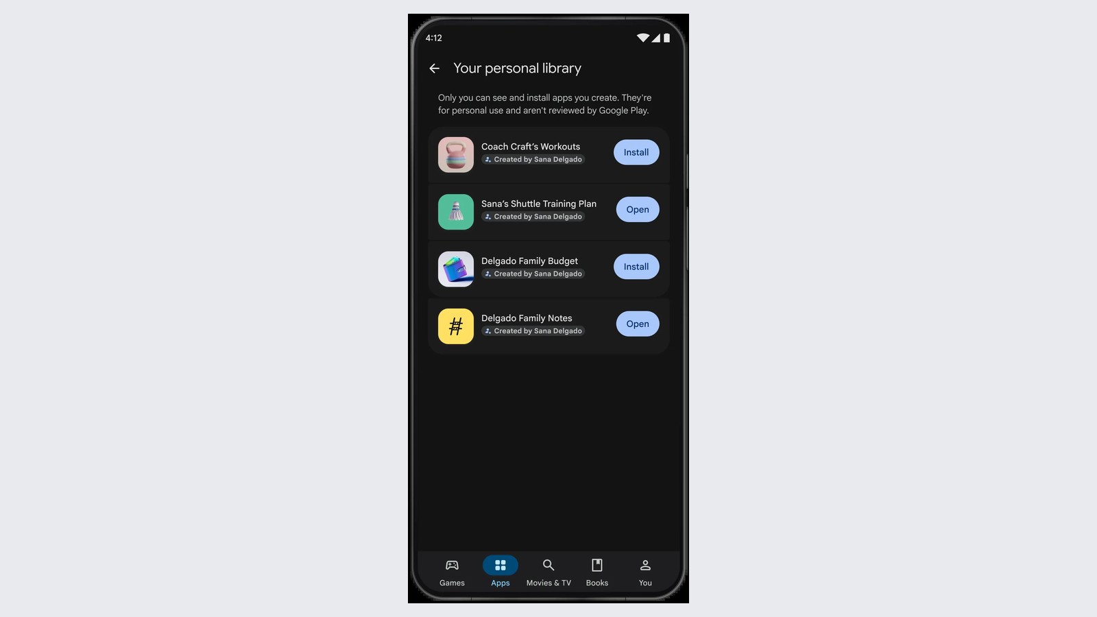 La bibliothèque personnelle de Google Play, où figurent les applis créées par l’utilisateur. © Google