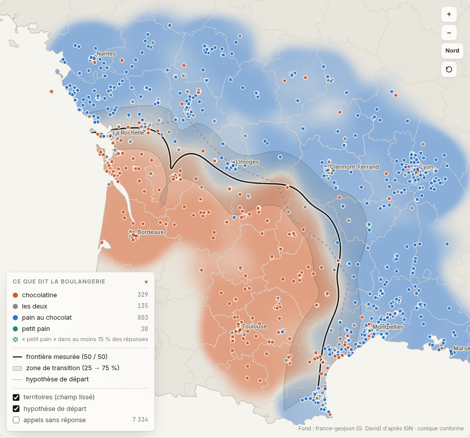 La frontière entre pain au chocolat (en bleu) et chocolatine (en orange) selon le Ligne Chocolatine Index. © Le Baguette Index