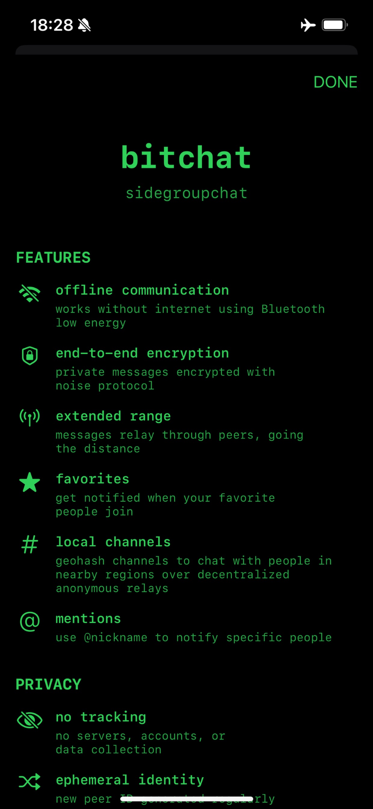 L’écran de présentation de Bitchat, qui fonctionne en Bluetooth sans Internet ni compte. © permissionless tech / App Store