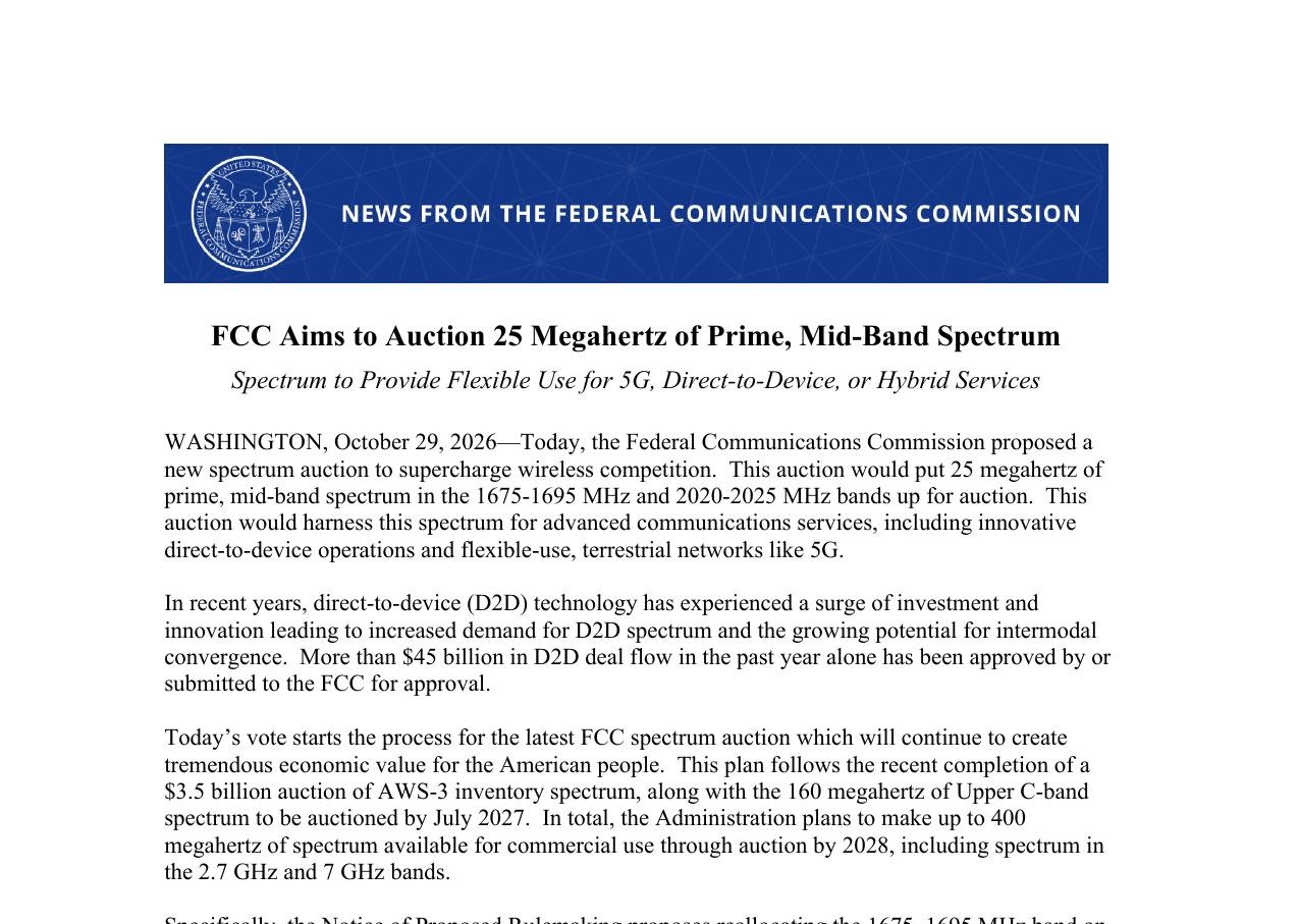 Extrait du communiqué FCC sur l’enchère de 25 MHz pour le D2D et la 5G. © FCC