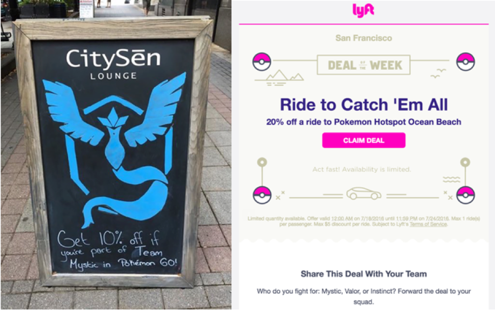 Des commerces ont placé des pancartes promotionnelles en lien avec Pokémon GO afin d'attirer les clients (gauche). Lyft propose des trajets à tarif réduit vers San Francisco pour les dresseurs de Pokémon (droite).