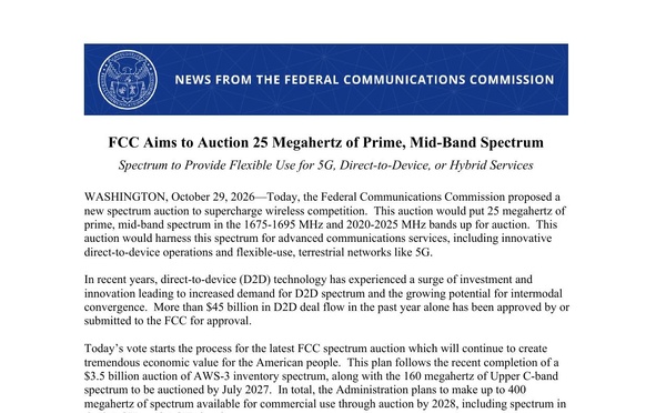 FCC : +482 MHz et enchère de 25 MHz pour le satellite vers smartphone